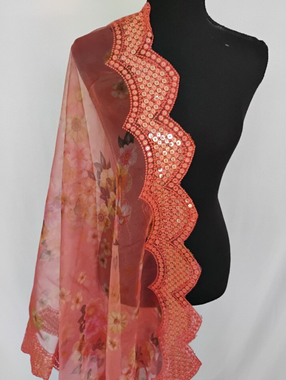 Floral organza  dupatta with cut work mirror border
